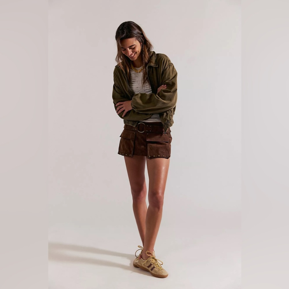 Olive Cropped Utility Jacket with Brown Suede Shorts Set - Picture 2 of 5